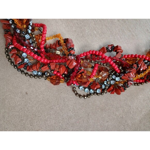 Beaded Chain Belt 40" Or Long Chunky Necklace Orange Red Brown Antique Gold - Picture 2 of 5